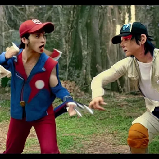 Image similar to live - action film still of a pokemon battle between ash ketchum and team rocket grunts