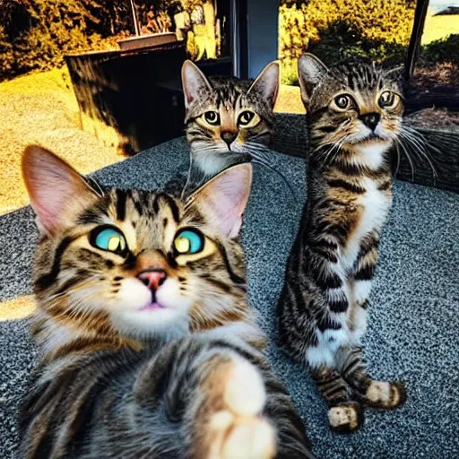 Image similar to photo of cats taking a selfie, award - winning photograph, national geographic, perfect lighting