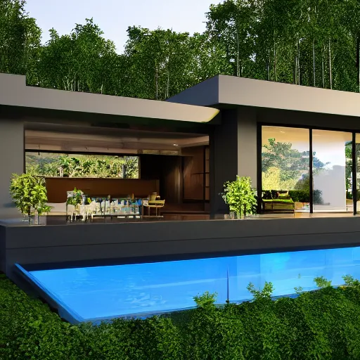 Image similar to contemporary house in the forest, lights inside, foliage, square pool, textures, detailed, big tree realistic