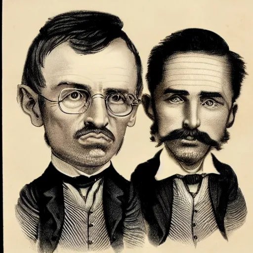 Prompt: Victorian caricature drawing of professor of chemistry Walter White and factory worker named Jesse Pinkman