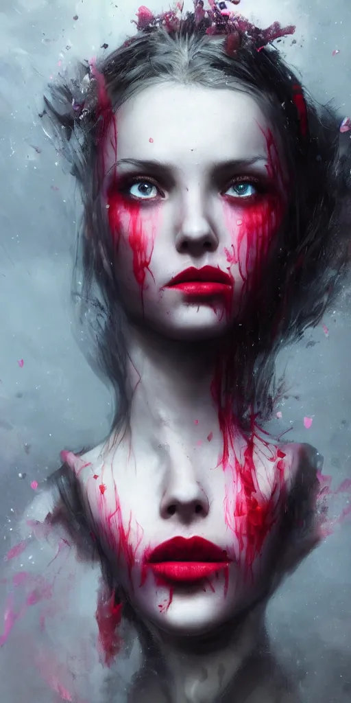 Image similar to shot of sinister girl with pouty aerochrome lips, fungal, adorable, expressive eyes, playful pose of a dancer, greg rutkowski, charlie bowater, yuumei, stephen gammell, unreal 5, daz, hyperrealistic, octane render, dark, dynamic lighting, fantasy art, beautiful face