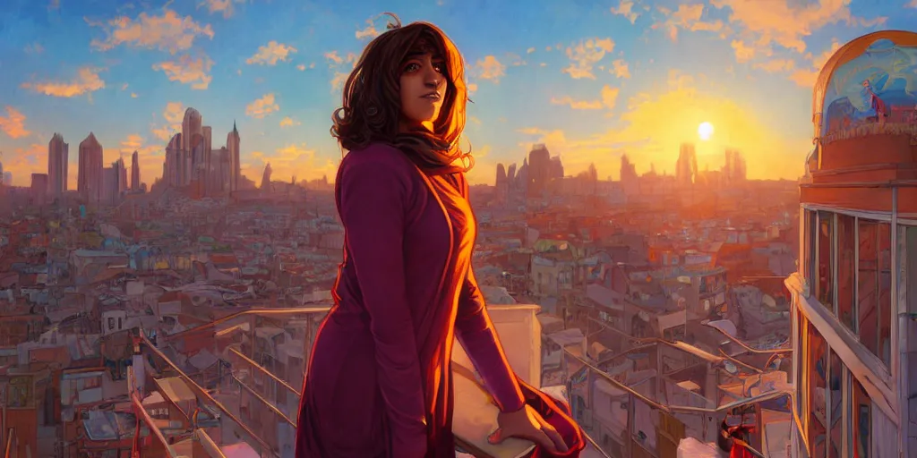 Image similar to A digital painting of Kamala Khan alone on a rooftop during Golden Hour. masterpiece 4k digital illustration, award winning, Artstation, art nouveau aesthetic, Alphonse Mucha background, intricate details, realistic, panoramic view, Hyperdetailed, 8k resolution, intricate art nouveau