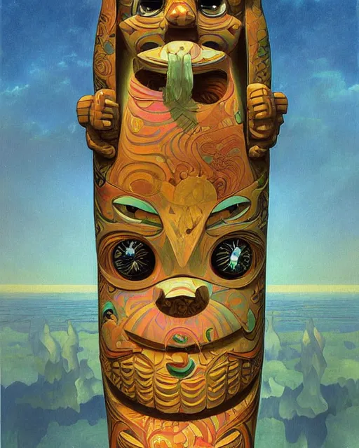 Image similar to a painting of a tribal tiki totem pole, a surrealist painting by Naoto Hattori, alphonse mucha, by RHADSan beeple, trending on deviantart, pop surrealism, lowbrow, grotesque, whimsical