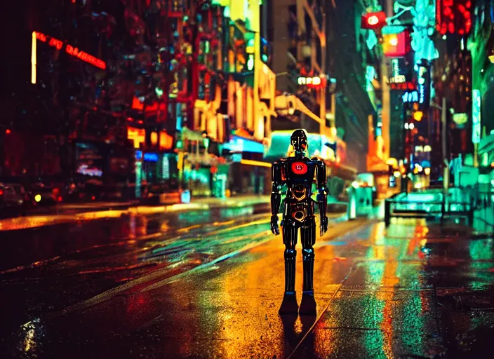 Image similar to a 2 8 mm macro kodachrome photo of a tall huge metallic cyborg droid with glowing lights, walking alone on a rainy night in the city in the 1 9 5 0's, seen from a distance, bokeh, canon 5 0 mm, cinematic lighting, film, photography, golden hour, depth of field, award - winning, neon, cyberpunk