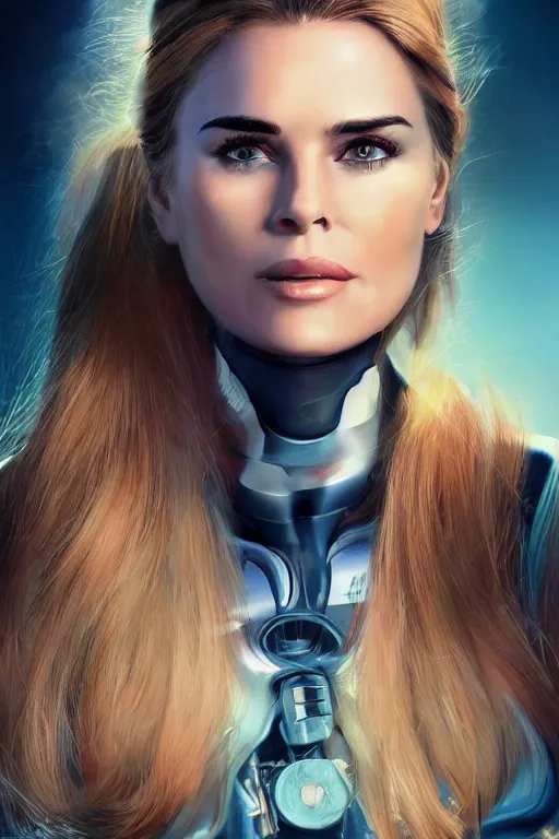 Image similar to mix of beautiful young maria shriver, mariel hemmingway, brooke shields, nicole kidman and elle macpherson as a cyborg terminator, thin lips, hair tied up in a pony tail, dark blonde hair, colorful, artstation, cgsociety