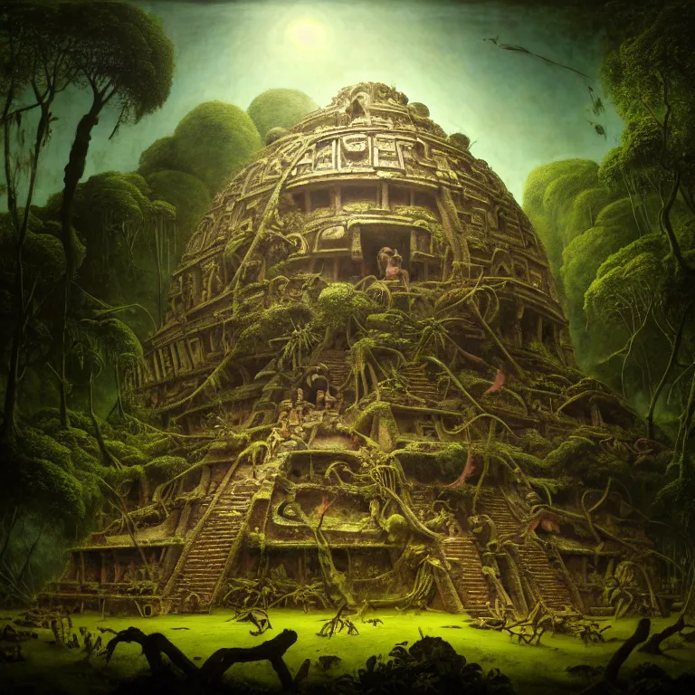 Image similar to surreal painting of crashed mayan aztec spaceship overgrown by jungle by hieronymus bosch, harsh flash photo at night, baroque painting, perfect composition, detailed octane render trending on artstation, 8 k artistic photography, volumetric cinematic perfect light, chiaroscuro, masterpiece, raphael, caravaggio, beksinski, rutkowski, beeple