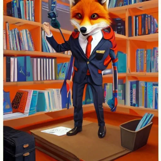 Image similar to a cute male anthropomorphic vulpes vulpes fulva wearing suit in the teachers office at school, pixar style, by tristan eaton stanley artgerm and tom bagshaw.