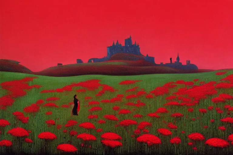 Prompt: only with red, a red expanse of flowers of different types, castle in background, goblin dance over the flowers, in the style of beksinski, parts by edward hopper, parts by rodcenko, parts by yue minjun, intricate and epic composition, red by caravaggio, insanely quality, highly detailed, masterpiece, red light, artstation, 4 k