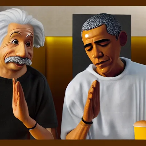 Image similar to Einstein and Obama doing meditation at McDonalds, ultra detailed, photorealistic, dramatic lighting