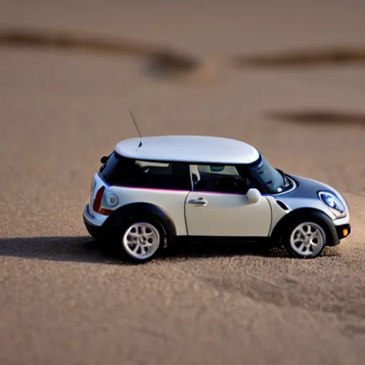 Image similar to a 4 k photorealistic photo of a miniature mini cooper car on a beach, natural soft lighting, outdoors, medium shot sandy