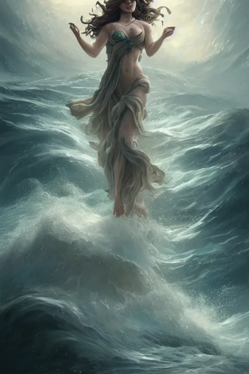 Image similar to beautiful powerful water goddess clothed in a swirling gown strides through a stormy sea, detailed matte fantasy portrait, dynamic lighting, bokeh backdrop, by greg rutkowski, by peter mohrbacher, by brom