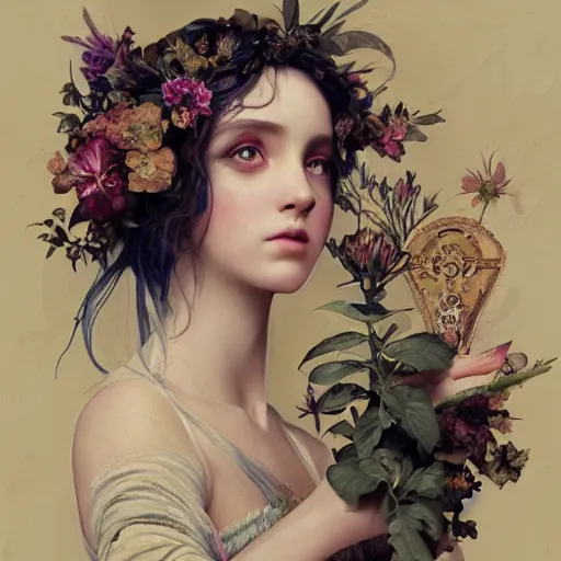 Prompt: baroque painting of a steampunk bohemian nature nymph in a simple dress with floral decoration, cinematic lighting, photorealistic, octane render, 8 k, depth of field, 3 d, art by artgerm and greg rutkowski and alphonse mucha and uang guangjian and james ng