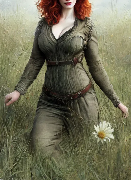 Prompt: Christina Hendricks taking a rest in a meadow after an long adventure, a ruggedly muscled handsome heroine, intricate, elegant, highly detailed, centered, digital painting, artstation, concept art, smooth, sharp focus, illustration, artgerm, donato giancola, Joseph Christian Leyendecker, WLOP, Artgerm, thunder storm