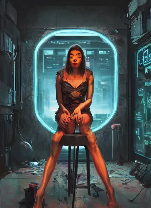 Image similar to An epic fantastic realism graphic novel cover style painting of a beautiful girl sitting on a stool in a dark room with laser light, cyberpunk, Concept world Art, ultrarealistic, hyperrealistic, dynamic lighting by Paolo Eleuteri Serpieri