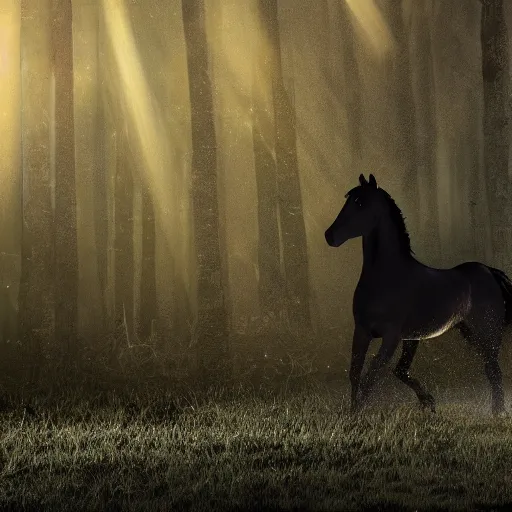 Image similar to photo of a black horse with wings of a a bat flies in the light of the full moon in the forest, high detail