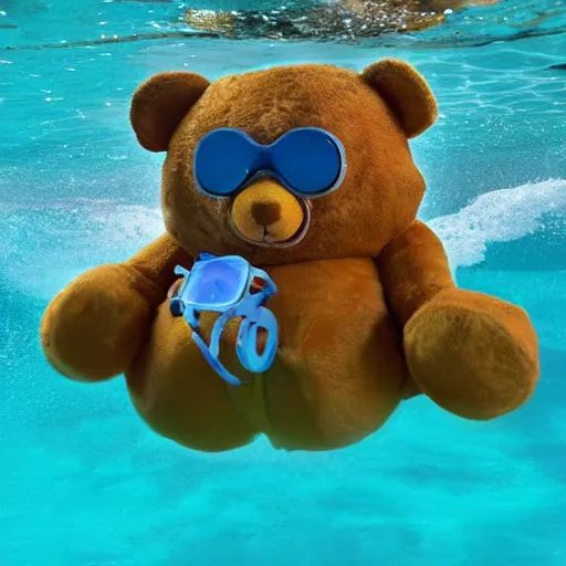 Image similar to Anthropomorphic teddy bears with goggles swimming underwater near the ocean floor, 4k, award winning photo, highly detailed