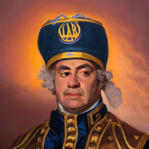 Image similar to official portrait of the los angeles lakers dictator, 1 7 8 0, in full lakers military garb. oil on canvas by william sidney mount, oil on canvas, octane render