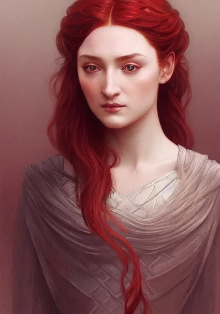 Image similar to portrait of red sansa stark, intricate, elegant, highly detailed, digital painting, artstation, concept art, smooth, sharp focus, illustration, art by artgerm and greg rutkowski and alphonse mucha and william - adolphe bouguereau