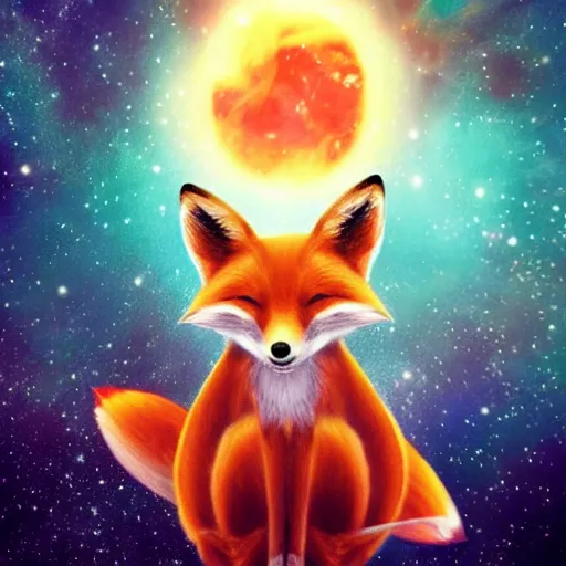 Prompt: impossibly cute kawaii fox riding a Massive star hurling through space by a nebula.