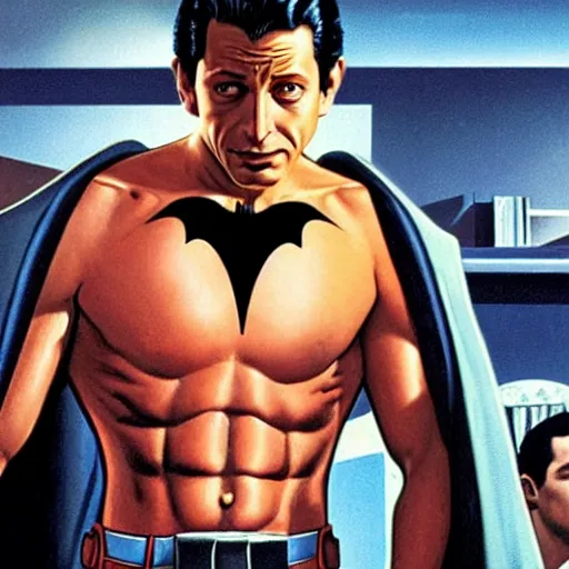 Image similar to young jeff goldblum as bruce wayne, muscular, batman t shirt, film still from chest up, joe jusko, boris vallejo