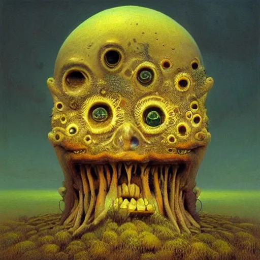 Image similar to “bird like human with many eyes and teeth, Zdzislaw Beksiński, photography, 8k resolution, highly detailed, HDR, golden hour”