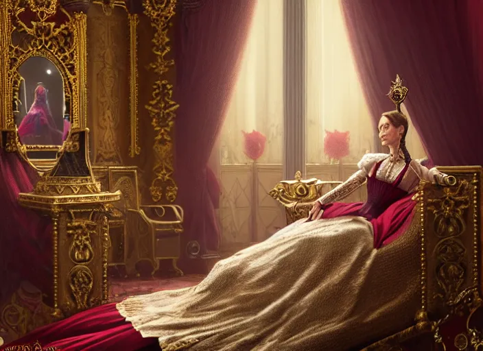 Image similar to a victorian agebthrone romm with emily blunt as queen on the throne, jewelry, greek, ruby, victorian age, 1 8 9 0, intricate, headshot, key visual, conceptart, ambient lighting, highly detailed, digital painting, artstation, concept art, sharp focus, by makoto shinkai and akihiko yoshida and greg manchess