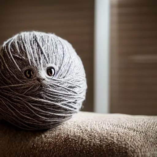 Image similar to photo of giant yarn ball next to a cat, taken with canon eos - 1 d x mark iii, bokeh, sunlight, studio 4 k