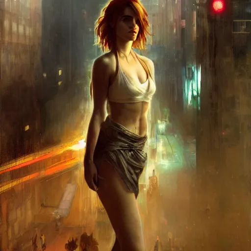 Image similar to bella thorne and emma watson, hyperrealistic full figure, bladerunner street, art of elysium by jeremy mann and frank frazetta and alphonse mucha, fantasy art, photo realistic, dynamic lighting, artstation, full figure poster, volumetric lighting, very detailed face, 4 k, award winning