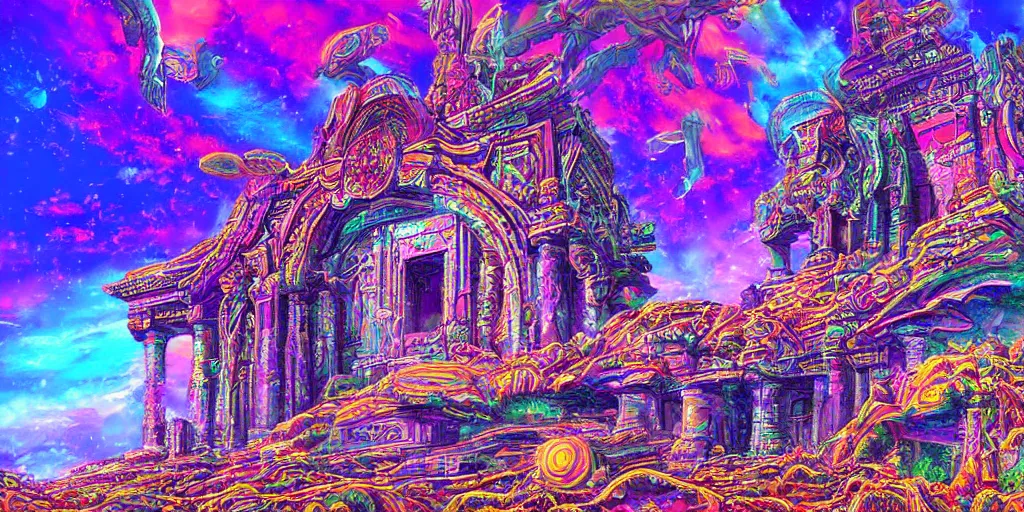 Image similar to temple of the supreme artificial intelligence on an earth like psychedelic planet, beautiful ultra detailed colorful digital art