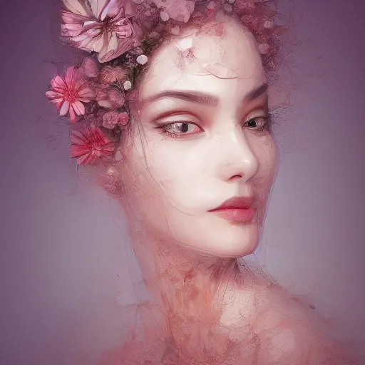 Image similar to the portrait of an absurdly beautiful, graceful, elegant, sophisticated, fashionable young woman made of strawberries and white petals with tears, an ultrafine hyperdetailed illustration by kim jung gi, irakli nadar, intricate linework, bright colors, octopath traveler, final fantasy, unreal engine 5 highly rendered, global illumination, radiant light, detailed and intricate environment