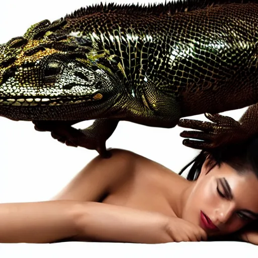 Image similar to portrait, a man wearing a giant scaly shiny wet rubber lizard costume with a huge extravagent fur coat and a giant shiny expensive fur coat, beautiful women laying all around him on a luxurious expensive bed, ultra - detailed, photorealistic, 4 k