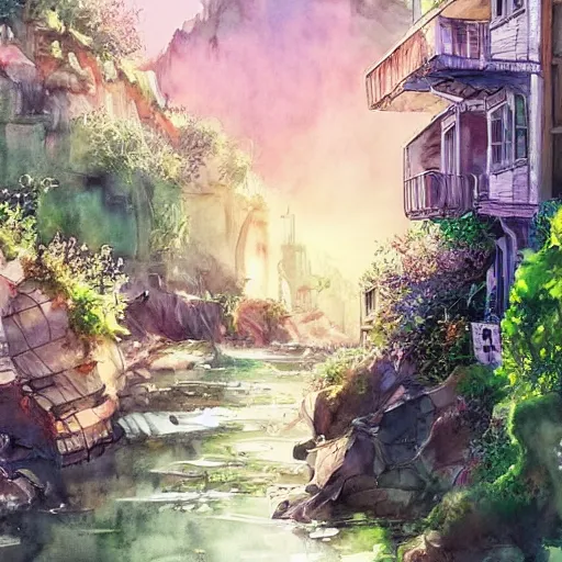 Prompt: Beautiful happy picturesque charming sci-fi town in harmony with nature. Beautiful light. Water and plants. Nice colour scheme, soft warm colour. Beautiful detailed artistic watercolor by Vincent. (2060)