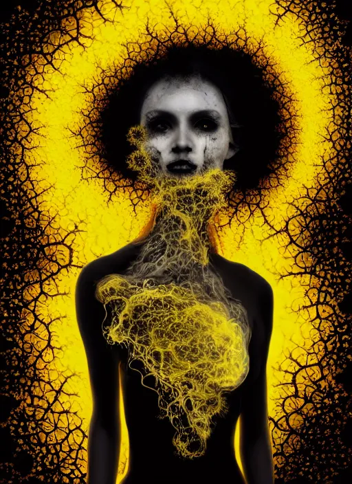 Image similar to dramatic yellow matte portrait painting of woman with black mandelbrot fractal instead of face, horror, body horror, dark art, 4 k, detailed, realistic, psychotic, insane, crazy, mental illness, dramatic,