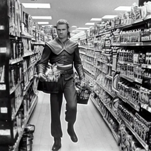 Prompt: film still of Flash Gordon shopping for groceries