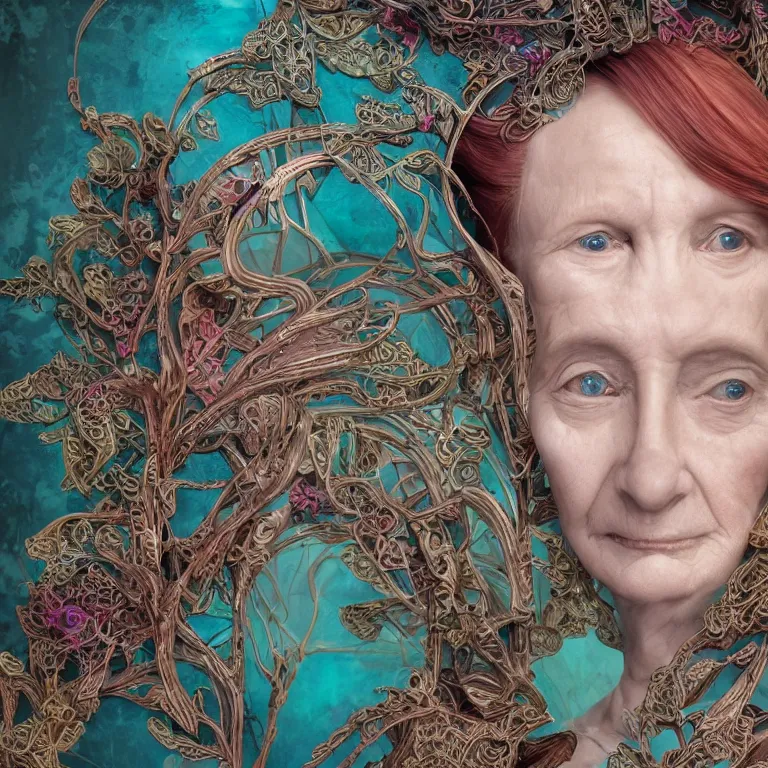 Prompt: cinema 4d colorful render, organic, dark scene, ultra detailed, of a porcelain old woman's face. biomechanical, analog, macro lens, beautiful natural soft rim light, big leaves and large transparent grasshoppers, stems, roots, fine foliage lace, turquoise gold details, high fashion haute couture, art nouveau fashion embroidered, intricate details, mesh wire, mandelbrot fractal, anatomical, facial muscles, cable wires, elegant, hyper realistic, in front of dark flower pattern wallpaper, ultra detailed