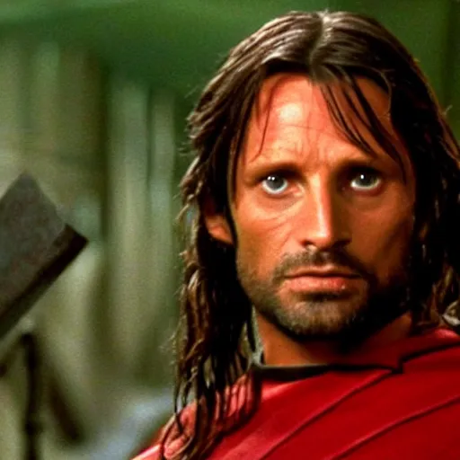 Prompt: A still of Aragorn on Star Trek: The Original Series, red shirt, sharp focus, high quality, very realistic, 4k