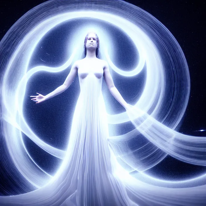 Image similar to a beautiful female goddess, in a flowing white translucent gown, entwined by light frequencies and wiring, octane render, floating in the universe, surrounded by stars and black holes, darkly surreal, light shining through, hyper - realistic, highly detailed, sharp focus, smooth, intricate