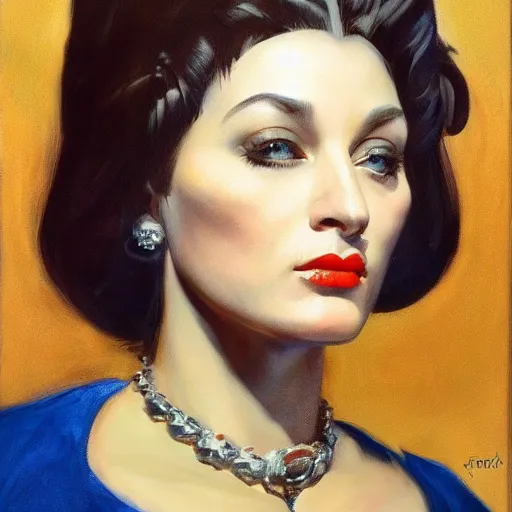 Image similar to ultra realistic portrait painting of lady dimitrescu, art by frank frazetta, 4 k, ultra realistic, highly detailed, epic lighting.