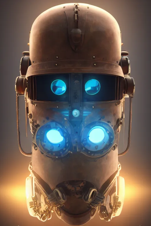 Image similar to steampunk mask minimalist fantasy art robot ninja helmet, global illumination ray tracing hdr fanart arstation by sung choi and eric pfeiffer and gabriel garza and casper konefal radiating a glowing aura