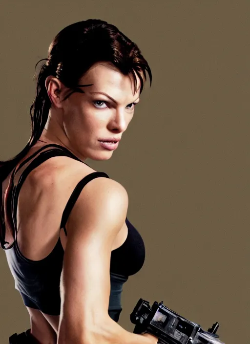 Image similar to portrait of mila jovovich as lara croft, by charlotte grimm, natural light, detailed face, beautiful features, symmetrical, canon eos c 3 0 0, ƒ 1. 8, 3 5 mm, 8 k, medium - format print, half body shot