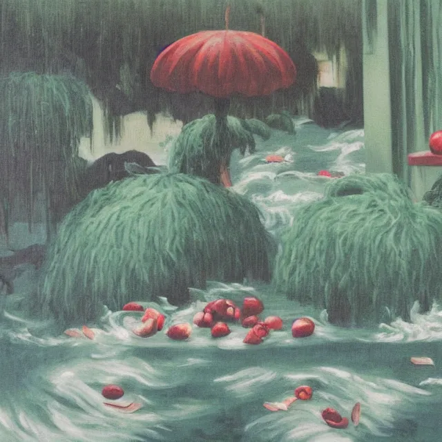 Image similar to painting of flood waters inside an art gallery, sensual female emo art student, a river flooding indoors, pomegranates, pigs, ikebana, water, octopus, river, rapids, waterfall, black swans, canoe, berries, acrylic on canvas, surrealist, by magritte and monet