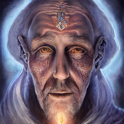 Image similar to an Artstation 3d render of Very very very very highly detailed beautiful mystic portrait of a phantom sorcerer with galaxy, tattoos by Anton Pieck, intricate, extremely detailed, digital painting, artstation, concept art, smooth, sharp focus, illustration, intimidating lighting, incredible art,