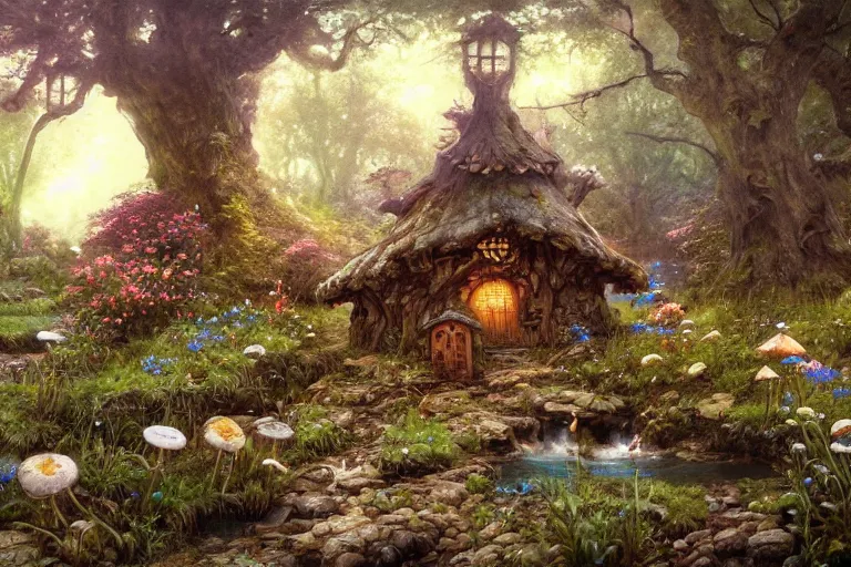 Image similar to wide angle view, a beautiful digital painting of a fairy house by a stream made of rocks and mushrooms, flowers, beautiful tranquil day, by greg rutkowski, brian froud, marc simonetti, jean - baptiste monge, and alphonse mucha, symmetry, complementary colors, ink illustration, trending on artstation