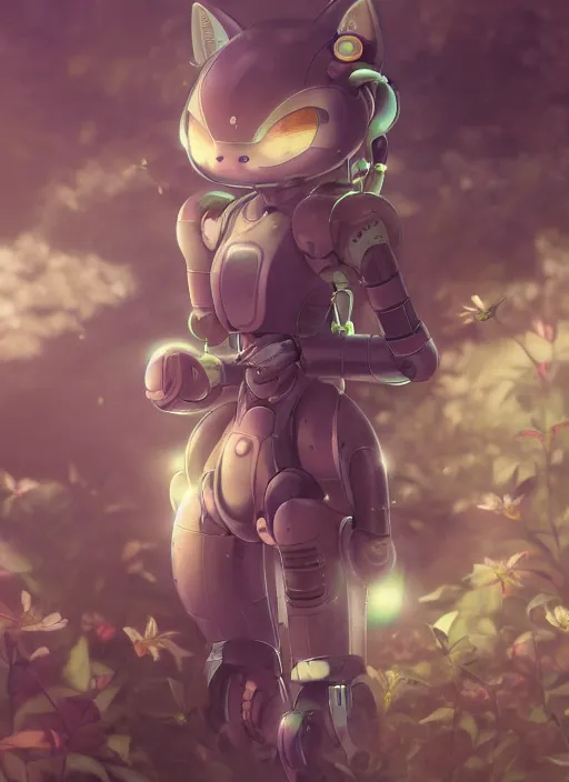 Image similar to nekomimi robot looking at a flower, fluent composition, concept art, ambient light, 4 k, intricate details, highly professionally detailed, cgsociety, highly detailed -