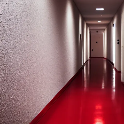 Prompt: minimalist hallway full of red hazmats, unknown location, clean, stucco walls, shiny floors, cinematic