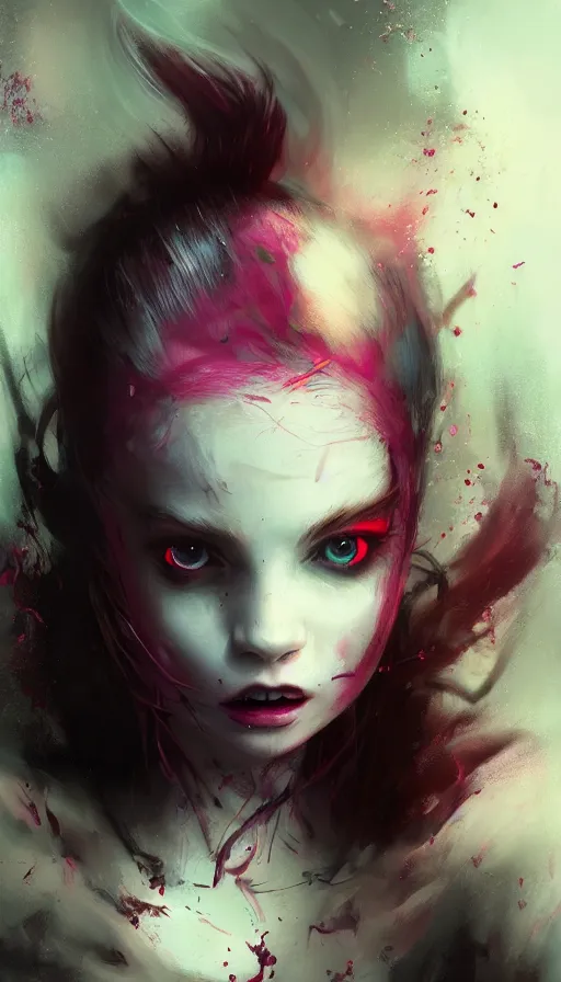 Image similar to shot of blaise girl with pouty aerochrome ( ( ( lips ) ) ), powerful, adorable, expressive eyes, big evil grin, kawaii playful pose of a dancer, greg rutkowski, charlie bowater, yuumei, stephen gammell, unreal 5, daz, hyperrealistic, dark, dynamic lighting, fantasy art, beautiful face