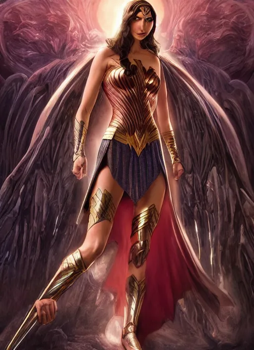 Image similar to Gal Gadot as Hell Lord, full body shot, epic, fantasy, intricate, elegant, volumetric lighting, highly detailed, digital painting, 4k, HDR, concept art, smooth, sharp focus, illustration, art by artgerm and alex ross and alphonse mucha