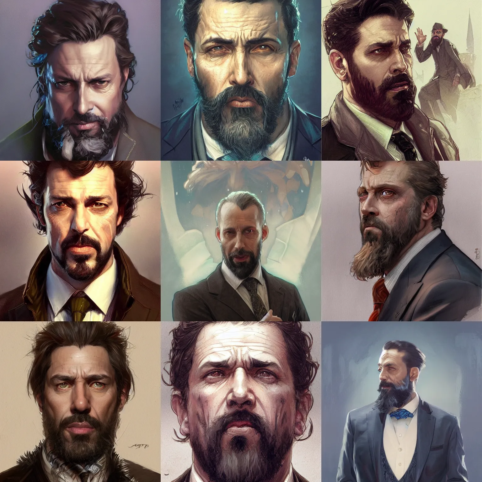 Prompt: rugged man with goatee in suit, fantasy, D&D, portrait, highly detailed, digital painting, artstation, concept art, sharp focus, illustration, art by artgerm and greg rutkowski and alphonse mucha