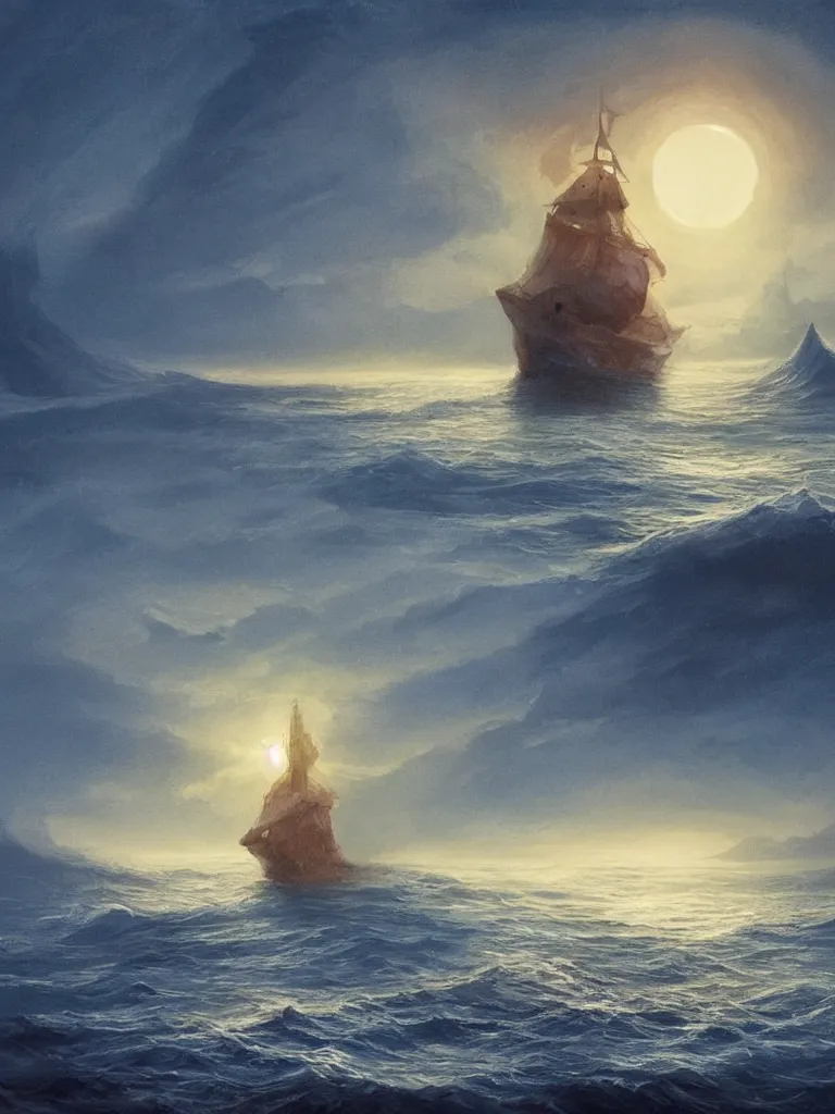 Image similar to lone ship in the ocean at night by disney concept artists, sketches, godly light, blunt borders, golden ratio