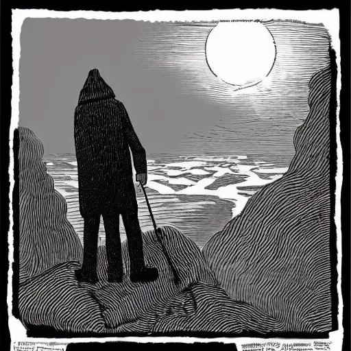 Prompt: a black and white cross - hatching edward gorey illustration of a man in old fashioned clothes waits by the side of the dark and lonely mountain road with his suitcase, stormy night time in the mountains highly detailed in the style of edward gorey, artgerm, 8 k resolution - c 5